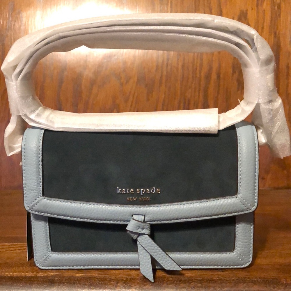 NWT-Kate Spade-Knott Colorblock Pebbled Leather&Suede Flap Crossbody-Aegean Teal